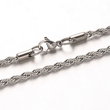 304 Stainless Steel Rope Chain Necklaces, with Lobster Claw Clasps, Stainless Steel Color, 23.7 inch(60.1cm), 3mm