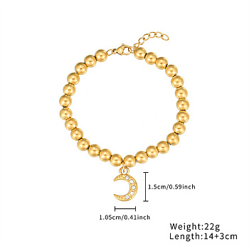 Stainless Steel Crystal Rhinestone Ball Beaded Bracelets with Pendants, Golden, Moon, 5-1/2 inch(14cm), Pendant: 15x10.5mm