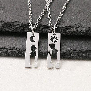 304 Stainless Steel Hollow Couple Pendant Necklaces, Stainless Steel Color, Rectangle with Couple, 23.62 inch(60cm), Pendant: 30x1mm, 2pcs/set