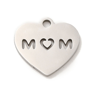 Mother's Day 201 Stainless Steel Charms, Laser Cut, Heart with Word Mom Charm, Stainless Steel Color, 13x14x1mm, Hole: 1.6mm