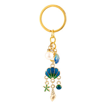 Shell Shape Alloy & Enamel & ABS Plastic Imitation Pearl Keychains, with Iron Split Key Ring, Golden, Blue, 86mm