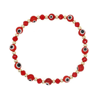 Bohemian Style Brass &  Glass Evil Eye Beads Stretch Bracelets, Red, Inner Diameter: 2-3/8 inch(6cm)