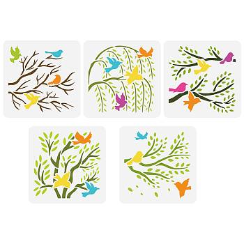 5Pcs 5 Styles Branch Theme PET Hollow Out Drawing Painting Stencils, for DIY Scrapbook, Photo Album, Bird, 150x150mm, 1pc/style