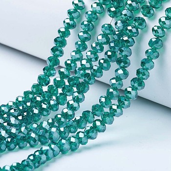 Electroplate Glass Beads Strands, Pearl Luster Plated, Faceted, Rondelle, Dark Cyan, 6x5mm, Hole: 1mm, about 85~88pcs/strand, 16.1~16.5 inch(41~42cm)