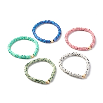 Handmade Polymer Clay Heishi Beads Stretch Bracelet, Heart Brass Beads Bracelet for Women, Golden, Mixed Color, Inner Diameter: 2-1/8 inch(5.3cm)