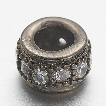 Brass Micro Pave Cubic Zirconia Beads, Rondelle, Lead Free & Nickel Free, Gunmetal, 8x3.5mm, Hole: 3mm