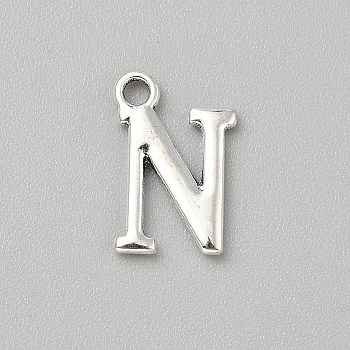 Alloy Pendants, Capital Plain English Letters, Platinum, Letter N, 15.5x10x1.5mm, Hole: 1.8mm