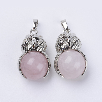 Natural Rose Quartz Pendants, with Platinum Tone Brass Findings, Owl with Round Ball, 31x18.5x16mm, Hole: 5x8mm