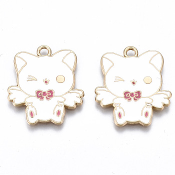 Eco-Friendly Alloy Enamel Pendants, Cadmium Free & Lead Free & Nickel Free, Cat with Wing, Light Gold, White, 26.5x23x1mm, Hole: 2mm