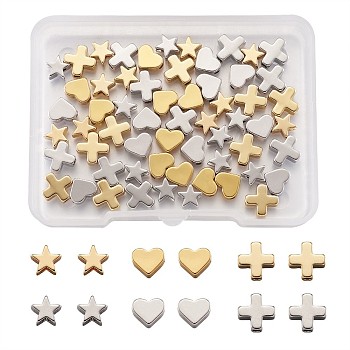Brass Beads, Heart & Star & Cross, Platinum & Golden, 68x52x11mm, 60pcs/box