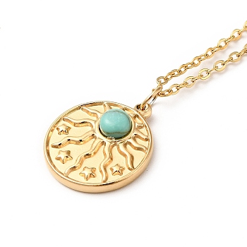 Synthetic Turquoise Pendant Necklace, Gold Plated 304 Stainless Steel Jewelry for Men Women, Sun Pattern, Pendant: 17x15x4mm, 17.64 inch(44.8cm)