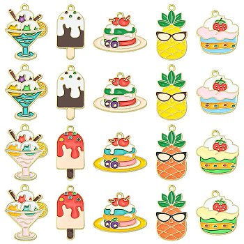 40Pcs 10 Styles Alloy Enamel Pendants, Cadmium Free & Lead Free, Strawberry Cake/Pineapple/Ice Cream Charms, Golden, Mixed Color, 20~28x13~25x1.3mm, Hole: 1.6~1.8mm, 4pcs/style