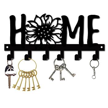 Iron Wall Mounted Hook Hangers, Decorative Organizer Rack with 6 Hooks, Word HOME, for Bag Clothes Scarf Hanging Holder, Sunflower Pattern, 270x1250mm