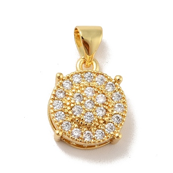 Brass Micro Pave Cubic Zirconia Pendants, Cadmium Free & Lead Free, Long-Lasting Plated, Flat Round, Clear, Real 18K Gold Plated, 14x11x5mm, Hole: 3.5x4mm