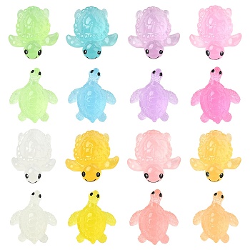 80Pcs 16 Styles Luminous Resin Sea Turtle Figurine Decoration, Glow in the Dark Ornaments, Mixed Color, 19.8~26x17.3~22x7.2~9mm, 5pcs/style