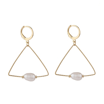 Large Triangle Wire Dangle Hoop Earrings, Pearl Beaded Drop Earrings for Women, Golden, Seashell Color, 45.5mm, Pin: 0.85mm