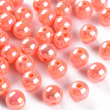 Opaque Acrylic Beads, AB Color Plated, Round, Dark Salmon, 10x9mm, Hole: 2mm, about 940pcs/500g