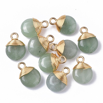Natural Green Aventurine Pendants, with Golden Tone Brass Wires and Iron Loops, Half Drilled, Flat Round, 14~15x10~11x5~6mm, Hole: 1.5~2mm