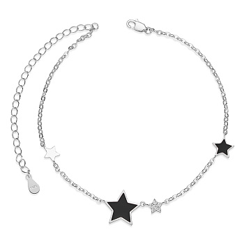 SHEGRACE 925 Sterling Silver Link Anklets, with Grade AAA Cubic Zirconia and Epoxy Resin, Star, Black, 8-1/4 inch(21cm)