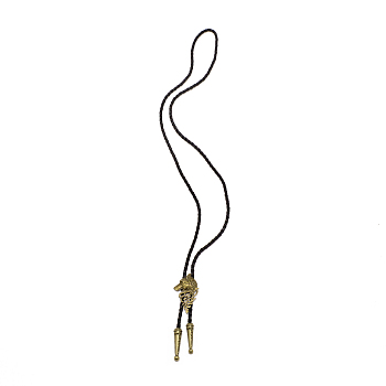 Wolf Head Laria Necklace for Men Women, Imitation Leather Cord Adjustable Necklace, Black, Antique Bronze, 40.94 inch(104cm)