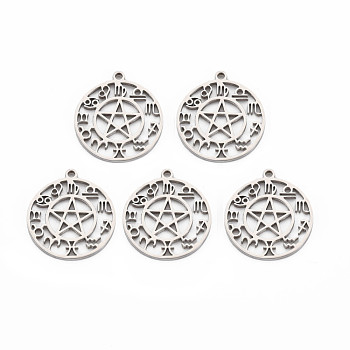 201 Stainless Steel Hollow Pendants, Flat Round with Star & 12 Constellations, Stainless Steel Color, 28x25x1.5mm, Hole: 2mm