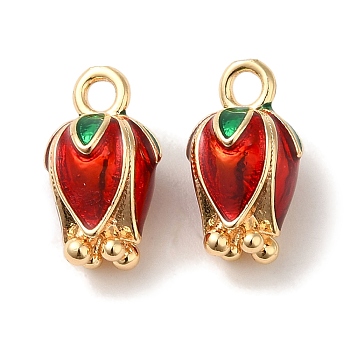 Brass Enamel Charms, Cadmium Free & Nickel Free & Lead Free, Flower Bud Charm, Real 18K Gold Plated, 14x8x8mm, Hole: 2mm