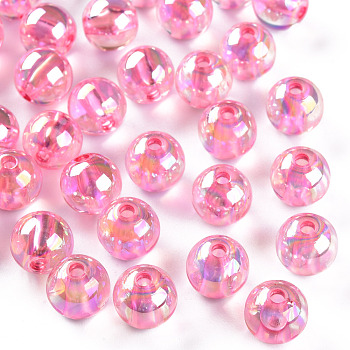 Transparent Acrylic Beads, AB Color Plated, Round, Hot Pink, 10x9mm, Hole: 2mm, about 940pcs/500g