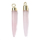 Natural Rose Quartz Brass Pointed Pendants(G-B025-02LG-06)-2