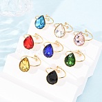 304 Stainless Steel with Glass Cuff Rings for Women, Ion Plating(IP), Real 18K Gold Plated, Mixed Color, Teardrop, 15.5x12mm, US Size 8(18.1mm), 12pcs/set(RJEW-K309-41A)
