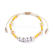 Love Word Acrylic Cube Braided Beaded Bracelets, Adjustable Flower Glass Seed Bead Bracelets, Gold, Inner Diameter: 2~3-7/8 inch(5~9.9cm)(BJEW-TA00068-02)