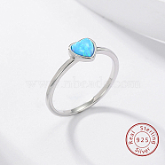 Light Sky Blue Synthetic Opal Heart Finger Ring, 925 Sterling Silver Rings, Silver, Inner Diameter: 18mm(FM4105-1)