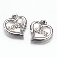 201 Stainless Steel Charms, Heart with Word Love, Valentine's Day, Stainless Steel Color, 12.8x12x3mm, Hole: 1.5mm(STAS-G081-22P)