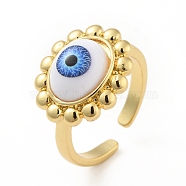 Acrylic Sun with Evil Eye Open Cuff Ring, Real 18K Gold Plated Brass Jewelry for Women, Cadmium Free & Lead Free, Blue, US Size 6 3/4(17.1mm)(RJEW-B042-07G-02)