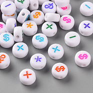 Craft Style White Acrylic Hashtag Beads, Flat Round with Mixed Color English Character, Mixed Color, 7x3.5mm, Hole: 1.5mm, about 454pcs/50g.(X-MACR-Q241-A002)