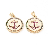 Brass Micro Pave Cubic Zirconia Pendants, Long-Lasting Plated, Flat Round with Anchor, Real 18K Gold Plated, Colorful, 21.5x2mm, Hole: 3x4mm(ZIRC-L093-44G)