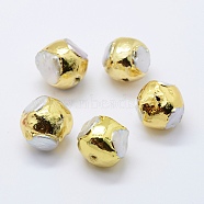 Natural Cultured Freshwater Pearl Beads, Edge Golden Plated, Round, White, 19~21x18~22mm, Hole: 2mm(PEAR-F006-96G)