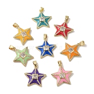 Brass Micro Pave Cubic Zirconia Pendants, with Enamel, Star, Real 18K Gold Plated, 26x25x5mm, Hole: 5.5x3.5mm(KK-C058-16G)