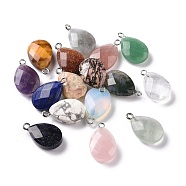 Natural & Synthetic Mixed Gemstone Pendants, Faceted Teardrop Charms, with Stainless Steel Color Tone Stainless Steel Loops, 22x13x6.5~8mm, Hole: 2mm(G-M395-05)