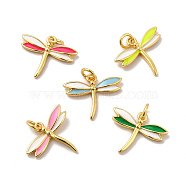 Rack Plating Brass Enamel Pendants, with Jump Rings, Long-Lasting Plated, Lead Free & Cadmium Free, Real 18K Gold Plated, Dragonfly Charm, Mixed Color, 12x15x1.5mm, Hole: 2.5mm(KK-A177-21G)