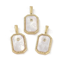 Rack Plating Brass Micro Pave Cubic Zirconia Pendants, with Shell, Long-Lasting Plated, Lead Free & Cadmium Free, Real 18K Gold Plated, Sheild with Twelve Constellations, Aries, 20.5x10x2.5mm, Hole: 4.5x2mm(KK-U032-90G-11)