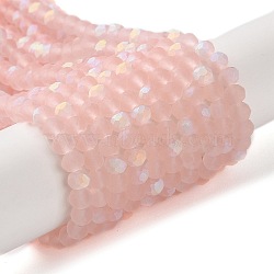 Transparent Glass Beads Strands, Faceted, Frosted, Half AB Color Plated, Rondelle, Pink, 4~4.5x3.5~4mm, Hole: 1mm, about 117~121pcs/strand, 16.61~16.73 inch(42.2~42.5cm)(EGLA-A034-T4mm-MB22)