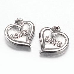 Non-Tarnish 201 Stainless Steel Charms, Heart with Word Love, Valentine's Day, Stainless Steel Color, 12.8x12x3mm, Hole: 1.5mm(STAS-G081-22P)