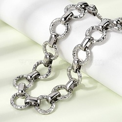 13MM 304 Stainless Steel Textured Round Ring Link Chain Necklaces, Non-Tarnish, Stainless Steel Color, 17.20 inch(43.7cm)(NJEW-P349-01A-P)