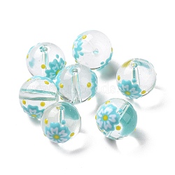 Transparent Glass Beads, with Enamel, Round, Sky Blue, Flower Pattern, 14~15x13~13.5mm, Hole: 1.5~1.6mm(LAMP-B021-03B-02)
