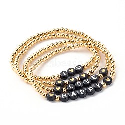 4Pcs 4 Styles Brass Stretch Beaded Bracelets, with Acrylic Beads, Heart, Word I Love You/Love/Happy, Golden, Black, Inner Diameter: 2-1/4 inch(5.7cm), 4pcs/set(BJEW-JB06237)
