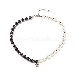 Alloy Yin Yang Charm Necklace with Plastic Imitation Pearl Beaded for Women, Black and White, 16.38 inch(41.6cm)(NJEW-JN03914)