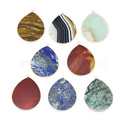 Natural Gemstone Pendants, with Brass Findings, teardrop, Dyed, Golden, 41~41.5x32x2mm, Hole: 1.5mm(G-E526-01)