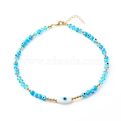 Beaded Necklaces, with Evil Eye Lampwork Beads & Glass Beads, Brass Chain & Beads, 304 Stainless Steel Findings, Cyan, 15.35 inch(39cm)(NJEW-JN03537-01)