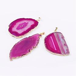 Natural Agate Big Pendants, with Brass Findings, Nuggets, Golden, Magenta, 59~91x32~65x3~6mm, Hole: 5x7mm(G-P305-E02-G)