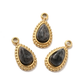 304 Stainless Steel Pave Natural Labradorite Teardrop Charms, Real 14K Gold Plated, 11.5x6x4mm, Hole: 1.4~1.5mm